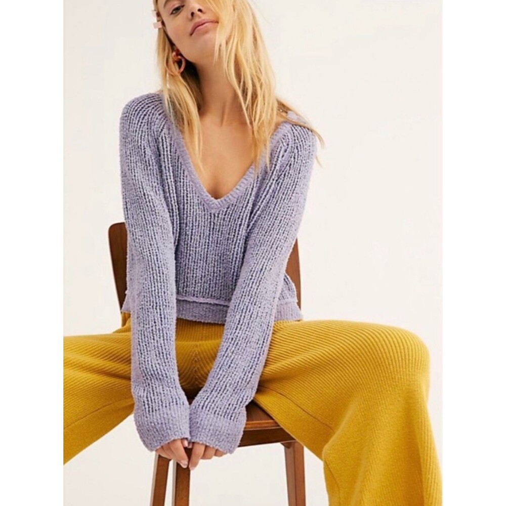 Free People Lavender V-Neck Chunky Knit Long Sleeve Oversized Periwinkle Sweater